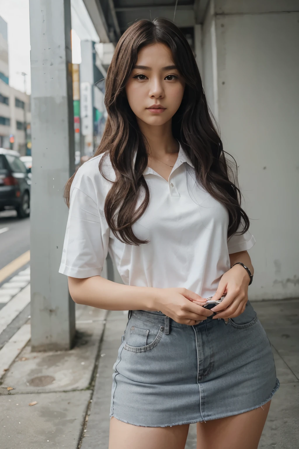 on the day background , a female realistic anime cut out,wearing a white Korean written name tag MEI , long curly gray hair and has sophisticated badass look ,holding a phone while standing