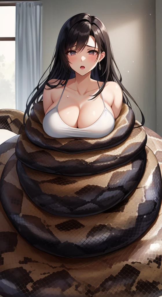 masterpiece, best quality, highres, Tifa Lockhart, messy hair, beautiful long hair, unique hair detailed, medium breasts, breasts out, black pants, beautiful detailed eyes, cleavage, snake, (coiled), (python), snake scales detailed, restrained, disgusted facial expression
, bedroom, masterpiece}}}, {{highly extreme detailed}}, solo, Focus on the girl, anime, (milk dripped from her nipples), torn bra, {orgasm}, {sweaty}, {{python sex}}, (((object insertion))), jangle, spread arms, interspecies, bestiality, (Giant python bestiality, Giant python sex, ((Giant python Rape)), Giant python Rape, Giant python Coils, Passionate Squeeze) (((Giant python coils, Passionate squeeze, ))), coils,((Tifa is wrapped around a giant python)), ((giant python rape)), giant python sex, bedroom