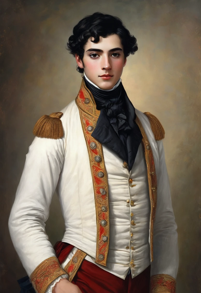 generate a realistic potrait of a young aristocrat boy in his 20s, he was black hair and black eyes, wearing a fashionable outfit in the year 1820