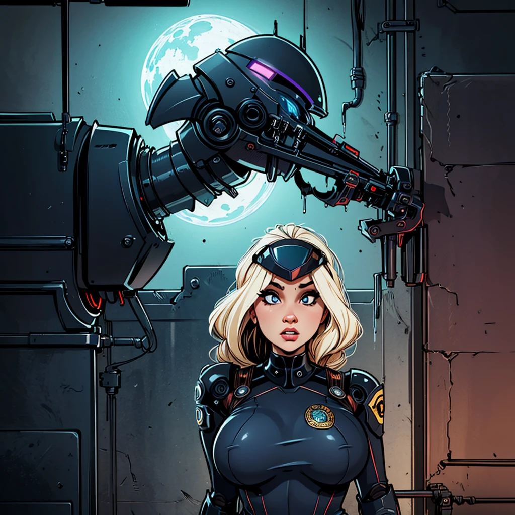 a robotic cop with flashing lights on head, obviously mechanical, large metal sections, police insignia, confronting a ditsy blonde woman age 40, huge breasts, big butt, wet pussy, slut clothing, subway, (best quality,4k,8k,highres,masterpiece:1.2),ultra-detailed,(realistic,photorealistic,photo-realistic:1.37),intricate details,cinematic lighting,dramatic shadows,moody atmosphere,cyberpunk,neon lights,gritty urban setting