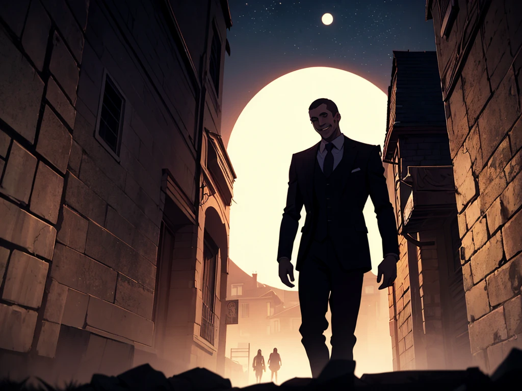 A tall, well-dressed man in a dark alleyway, silhouetted against the moonlit sky, Emiliano gazing up at the moon with a smile, intricate details, cinematic lighting, dramatic shadows, photorealistic, masterpiece, horror, terror, gore