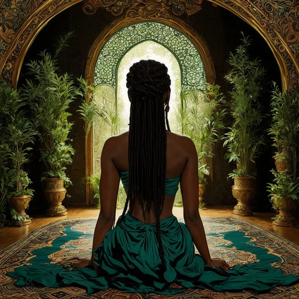 Ebony princess, the most beautiful in the world, sitting on yoga sitt5a beautiful carpet, her back, no clothes, no face visible, the picture is of her gorgeous body from the back, her hair is in dreadlocks, there are a lot of green plants in the room