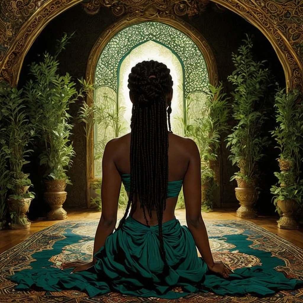Ebony princess, the most beautiful in the world, sitting on yoga sitt5a beautiful carpet, her back, no clothes, no face visible, the picture is of her gorgeous body from the back, her hair is in dreadlocks, there are a lot of green plants in the room