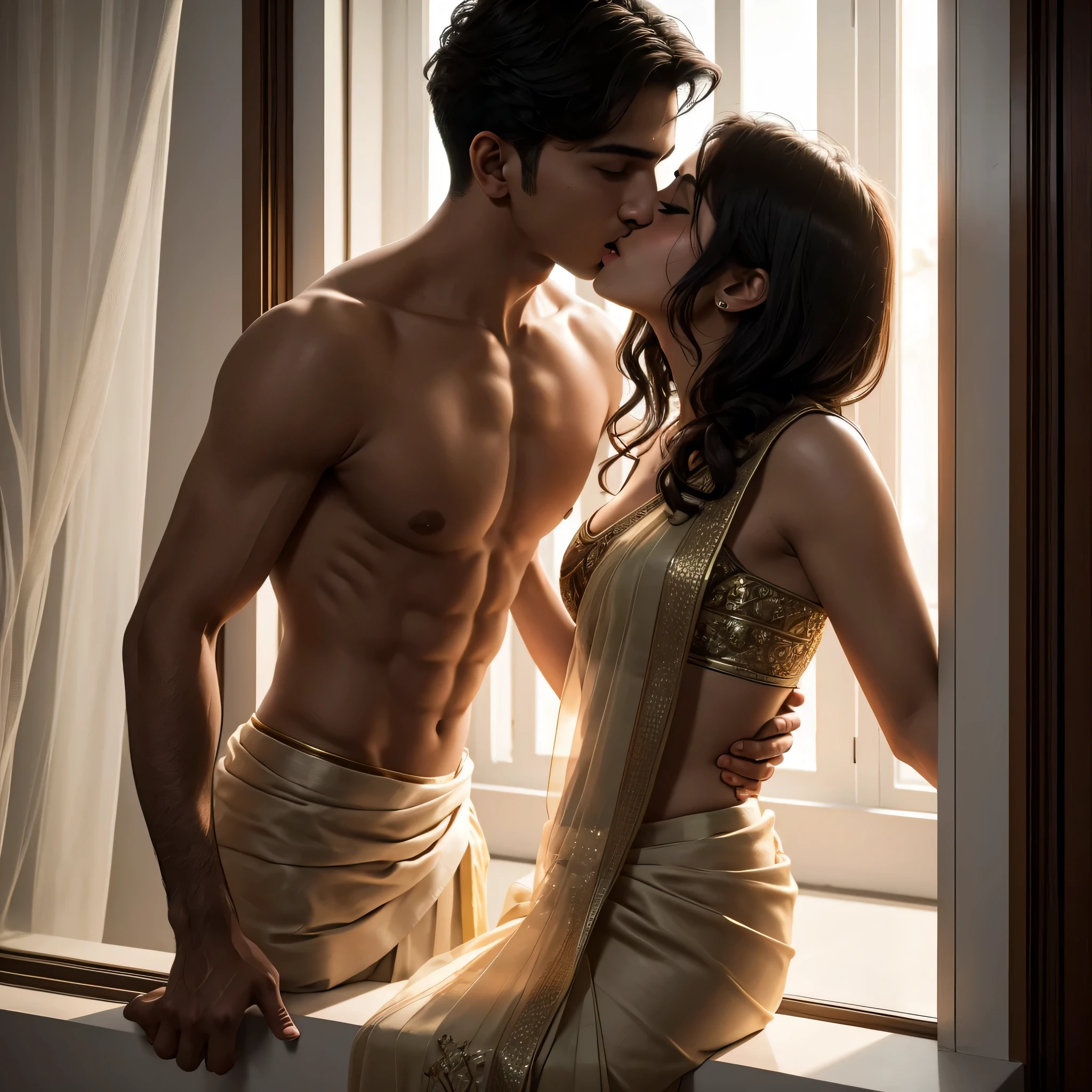 Young boy shirtless kissing and making out passionately with a woman wearing a saree leaning on windowsill, natural light, intense and intimate, ful