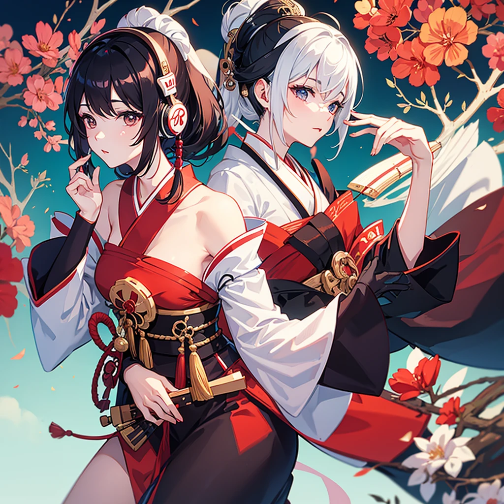 geisha with headphones with a shamisen