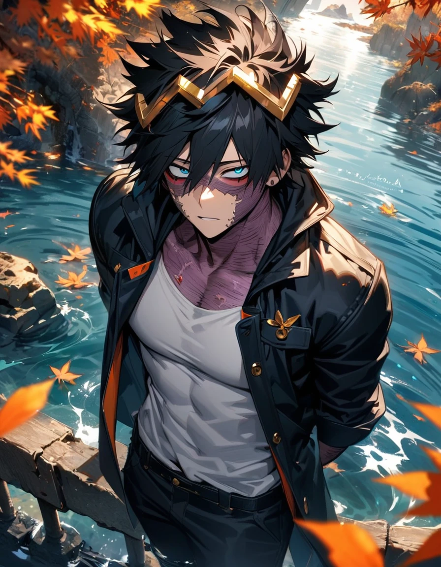 absurdres, highres, ultra detailed, HDR, master piece, best quality, extremely detailed face and eyes, Dabi, black hair spiked around his head, hair between the eyes, expressive turquoise eyes, Boku No Hero Academia, solo, sexy man, extremely handsome, adult face, black coat, white shirt, black pants, water, autumn, orange leaves, golden butterflies
