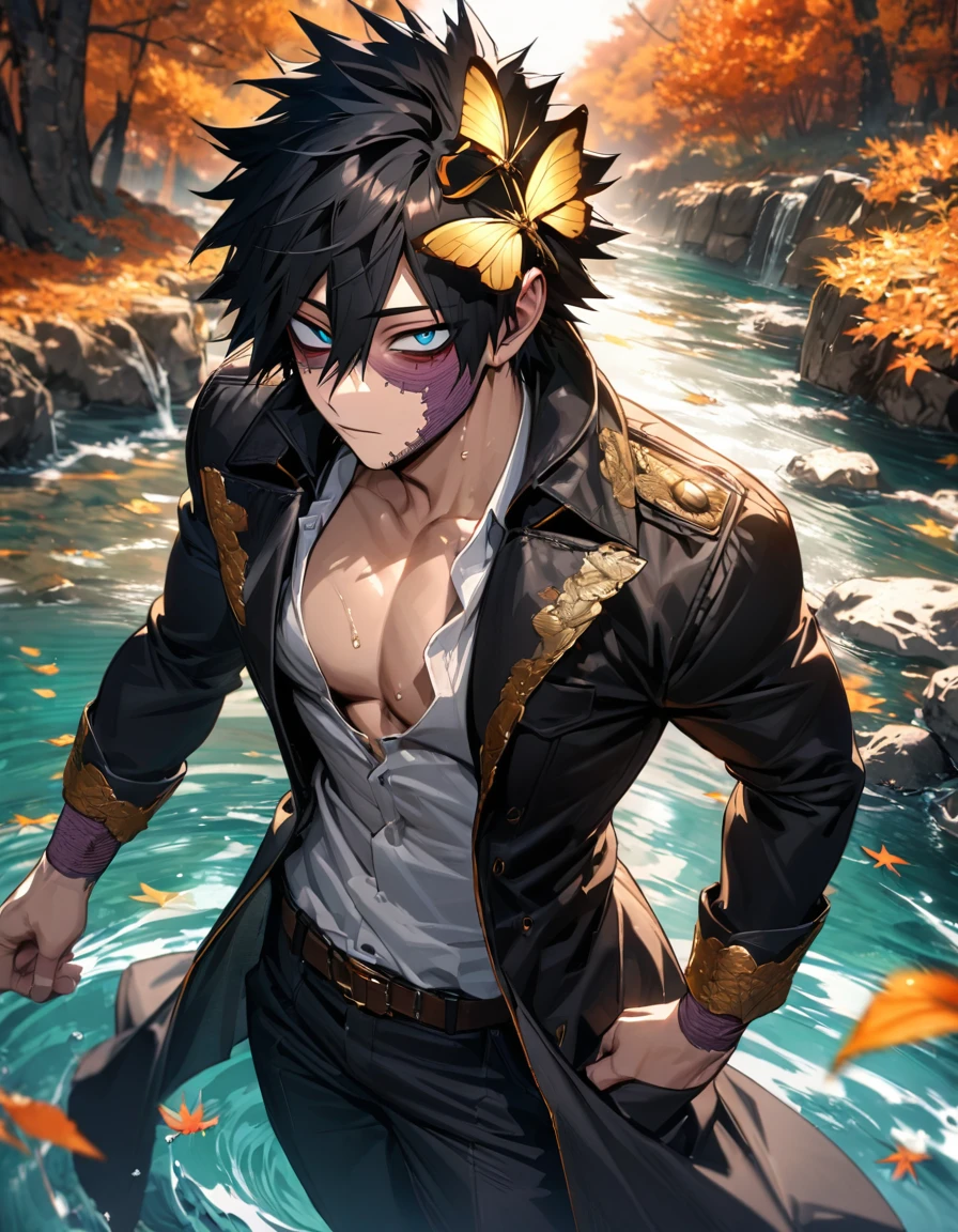 absurdres, highres, ultra detailed, HDR, master piece, best quality, extremely detailed face and eyes, Dabi, black hair spiked around his head, hair between the eyes, expressive turquoise eyes, Boku No Hero Academia, solo, sexy man, extremely handsome, adult face, black coat, white shirt, black pants, water, autumn, orange leaves, golden butterflies