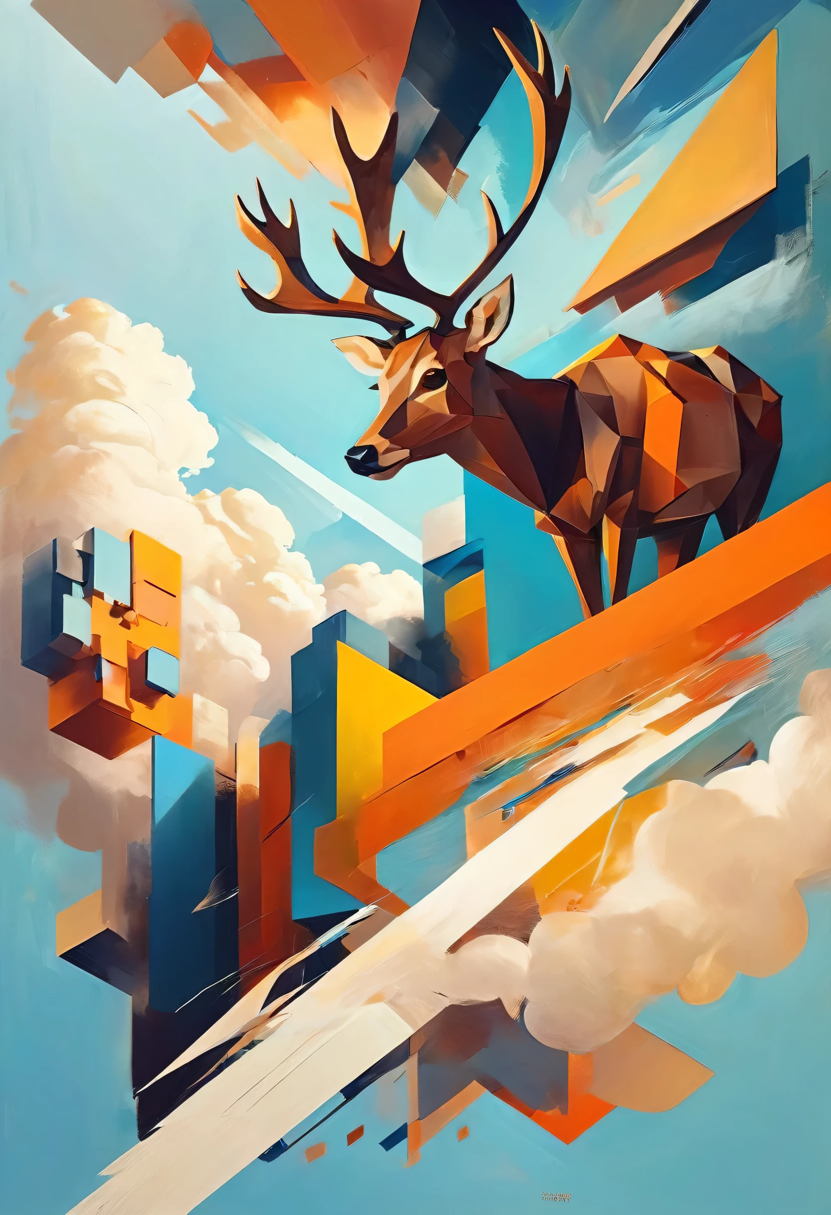 "Visualize a cubist interpretation of a deer head, floating through the sky above a lively and dynamic street. Decompose the shape of the deer head into geometric shapes and fragmented planes, To capture its movement and energy in a unique and abstract way. Integrate strong brown, orange and white colors and sharp angles, to convey a feeling of movement and tension. Play with perspective and layering, to create a multidimensional composition, which questions traditional notions of space and form. Be inspired by the avant-garde spirit of Cubism and see nature in a fresh and innovative light.. Unleash your creativity, as you bring this imaginative scene to life on the screen