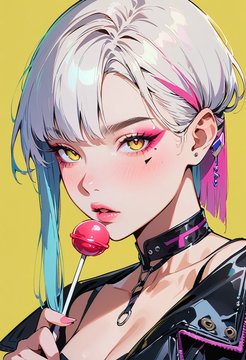 (masterpiece, best quality:1.4), 1 girl, 独奏, Anime style, Colorful pupils, Blurred eyes, Eat Lollipop, Pink lower lip, Cyberpunk style makeup, Short silver asymmetrical hair, Asymmetrical short hairstyle, Long bangs on one side, Color highlights, Black off-the-shoulder leather jacket, Pure yellow background.