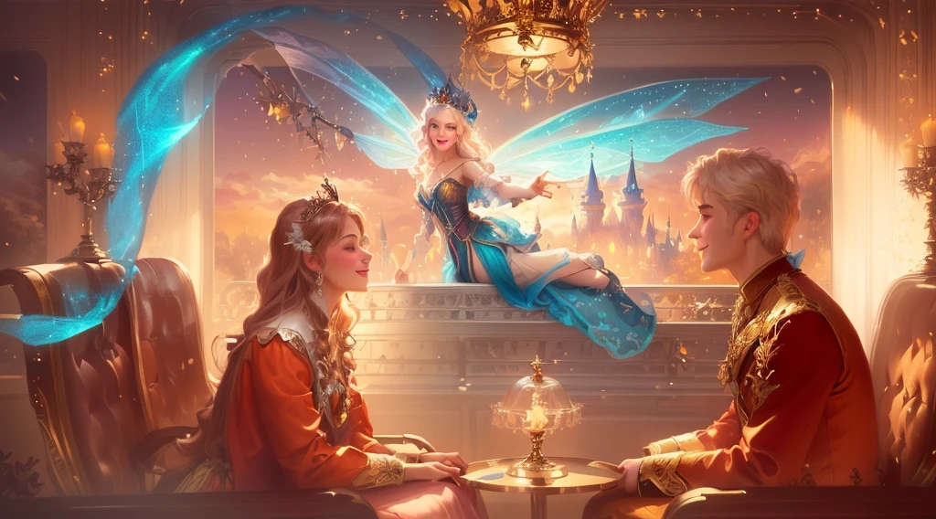 Two people sat on chairs,There is a fairy on the back of the chair, fairytale artwork, Smile like a fairy, Fantasy fairy tales, fairytale painting, Fairy tale illustration style, Disney Concept Art, Beautiful fantasy art, Fantasy art style, fantasy art behance, Alexander Kucharsky, official art works, Beautiful fairy tale, Realistic Disney