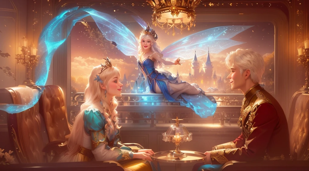 Two people sat on chairs，There is a fairy on the back of the chair, fairytale artwork, Smile like a fairy, Fantasy fairy tales, fairytale painting, Fairy tale illustration style, Disney Concept Art, Beautiful fantasy art, Fantasy art style, fantasy art behance, Alexander Kucharsky, official art works, Beautiful fairy tale, Realistic Disney