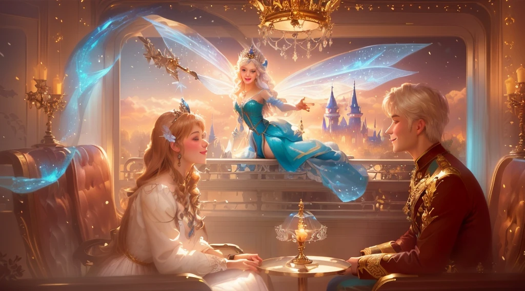 Two people sat on chairs,There is a fairy on the back of the chair, fairytale artwork, Smile like a fairy, Fantasy fairy tales, fairytale painting, Fairy tale illustration style, Disney Concept Art, Beautiful fantasy art, Fantasy art style, fantasy art behance, Alexander Kucharsky, official art works, Beautiful fairy tale, Realistic Disney