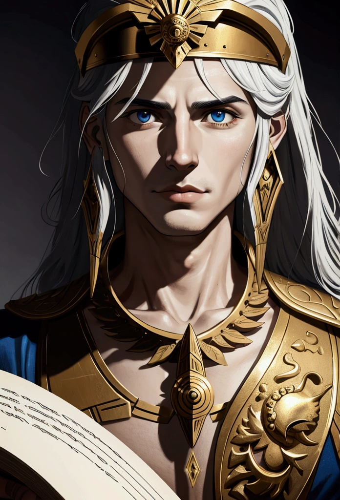 Character inspired by Alexander the Great, facing the front, focus on your face in seeking knowledge, tematica darck fantasy realista