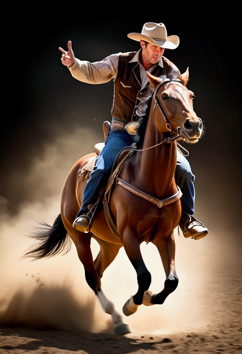 (Western Cowboy with hat), A speeding (Western Cowboy riding horse), with motion blur, photography, cinematic lighting, full body, award-winning, cinematic still, emotional, vignette, dynamic, vivid, (masterpiece, best quality, Professional, perfect composition, very aesthetic, absurdres, ultra-detailed, intricate details:1.3)