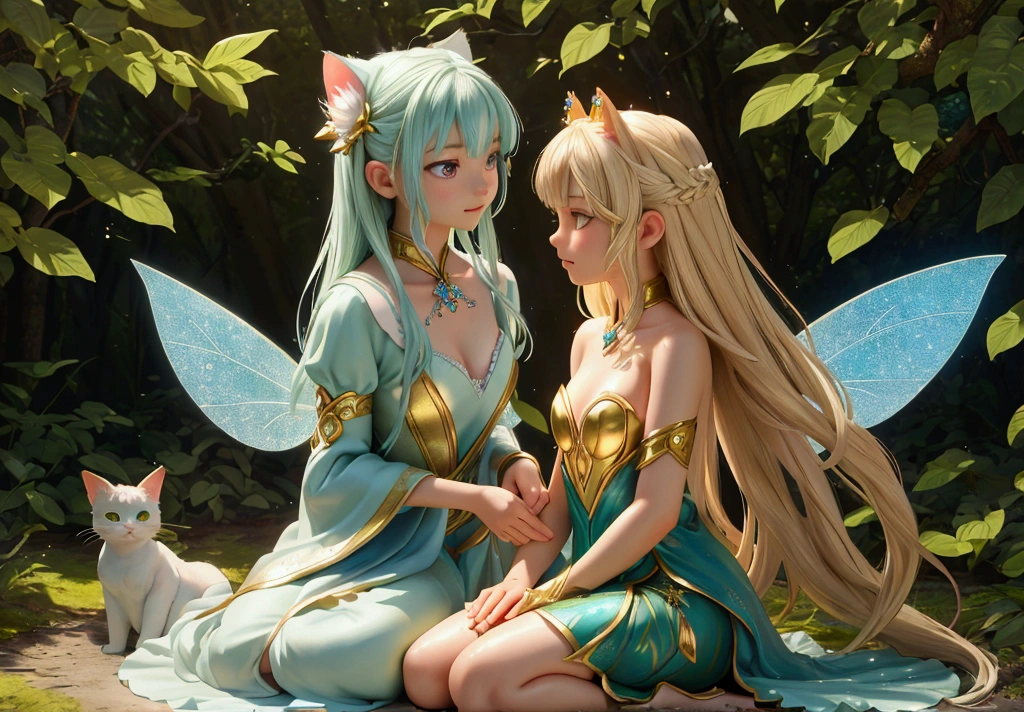 Absurd、4K、Full HD、masterpiece、Highest quality、Super detailed、beautiful、Extremely detailed、Fairy Girl、、happiness、Lean on、In the woods、Photorealistic、Hyper-realistic photography、3D Rendering、 3D Model、Concept Art、Main artwork、Medium Shot、dappled sunlight、Dramatic lighting、beautiful顔の描写 ,(Exquisite costume details: 1.3),Mysterious Forest,Magical light particles,,, (Natural skin texture:1.2), (Hyperrealism:1.2),Fairy Wings,Relaxing by the spring,Petting a cat-like fantasy creature,Golden Hair