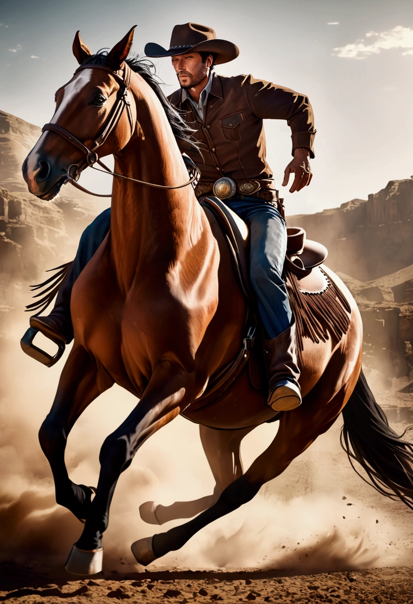 (Western Cowboy with hat), stands next to his horse, sunset sky background, popular comic, full body, award-winning, cinematic still, emotional, vignette, dynamic, vivid, (masterpiece, best quality, Professional, perfect composition, very aesthetic, absurdres, ultra-detailed, intricate details:1.3)