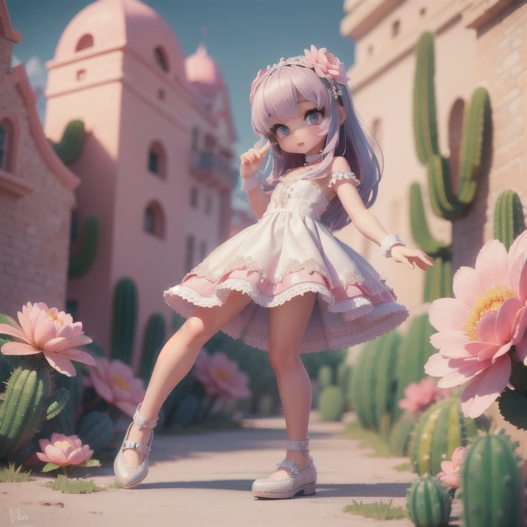 (masterpiece:1.2, Ultra detailed,1.5, unity 8k wallpaper, detailed finger:1.2), Cactus:1.5, Pink Flower, Girl, White dress, desert, oasis