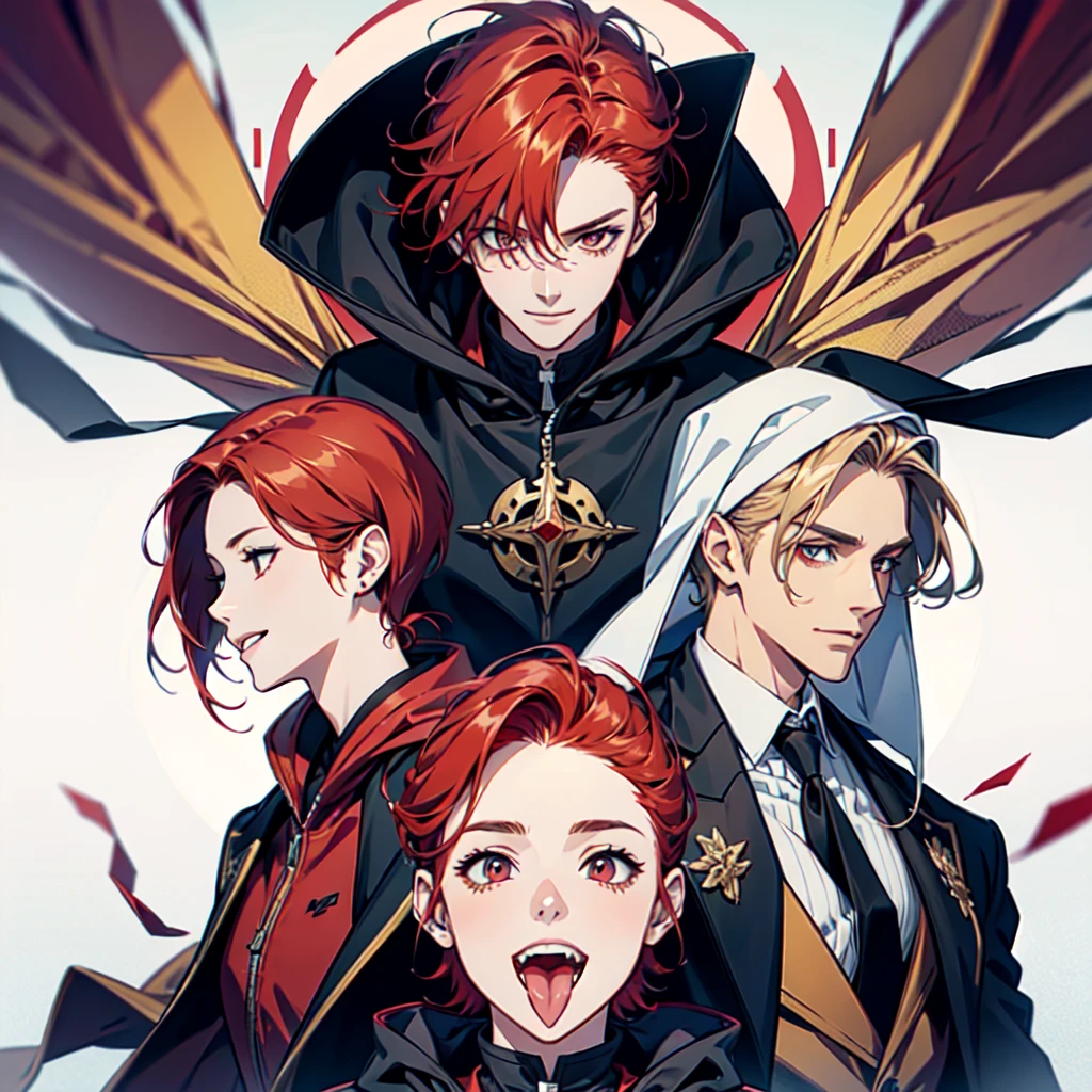 Handsome、Red hair、Smileむ, Smile、tongue, teeth, suit、Wolf Cut, Character profile, Remove the hood, Background blur, Illustration, Dada,
