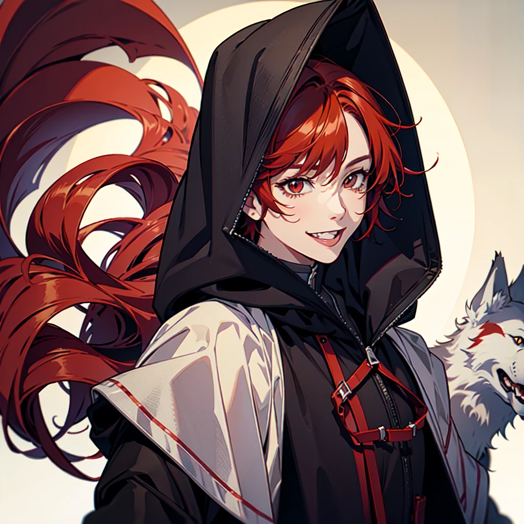 Handsome、Red hair、Smileむ, Smile、tongue, teeth, suit、Wolf Cut, Character profile, Remove the hood, Background blur, Illustration, Dada, 