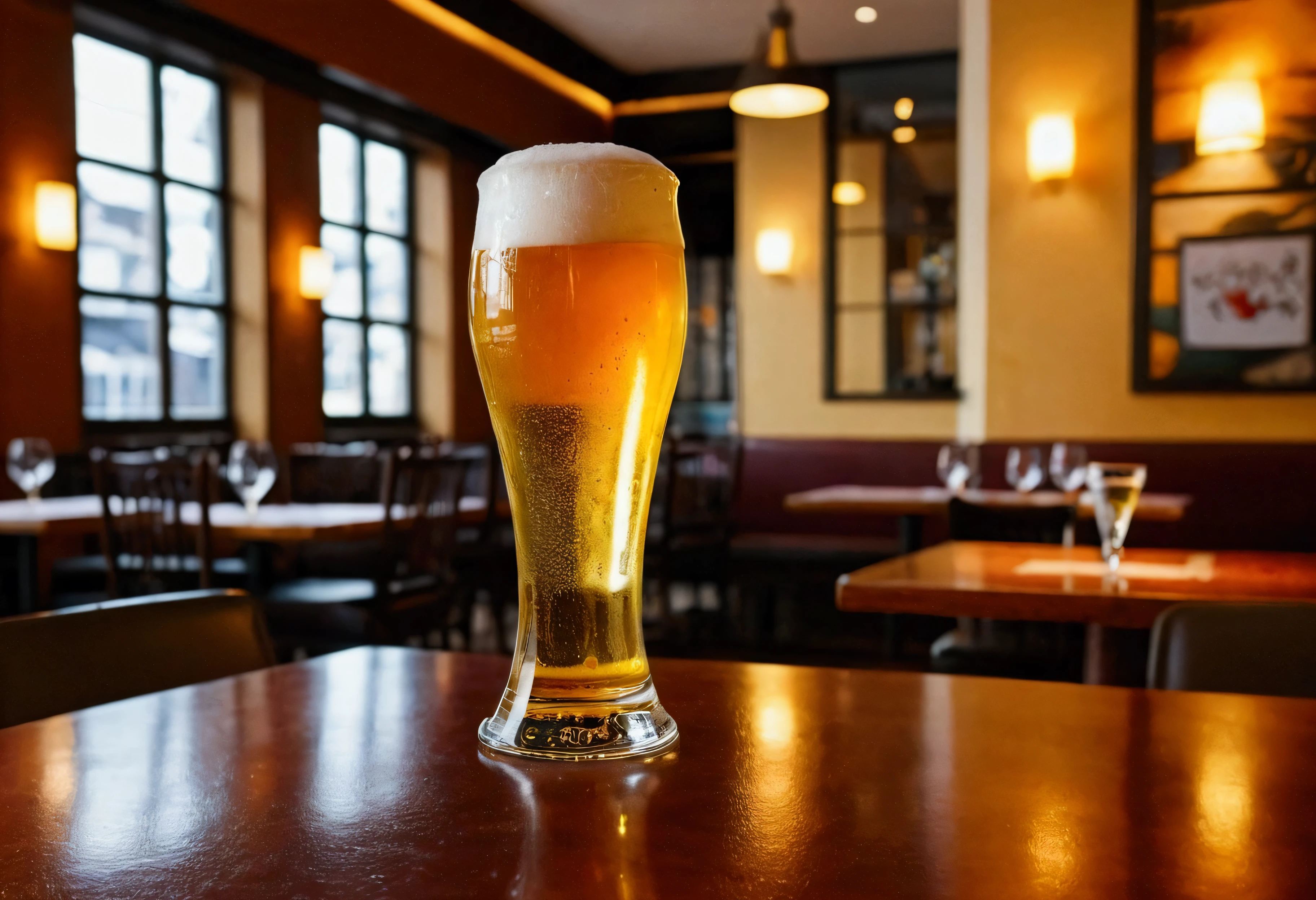 a beer on a table in at the restaurant, the background is luxuries like in a commercial
