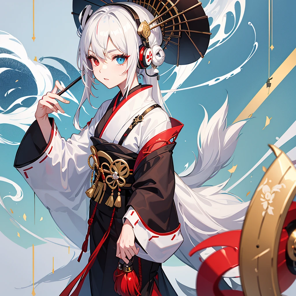 geisha with white hair color heterochromia and headphones playing a shamisen