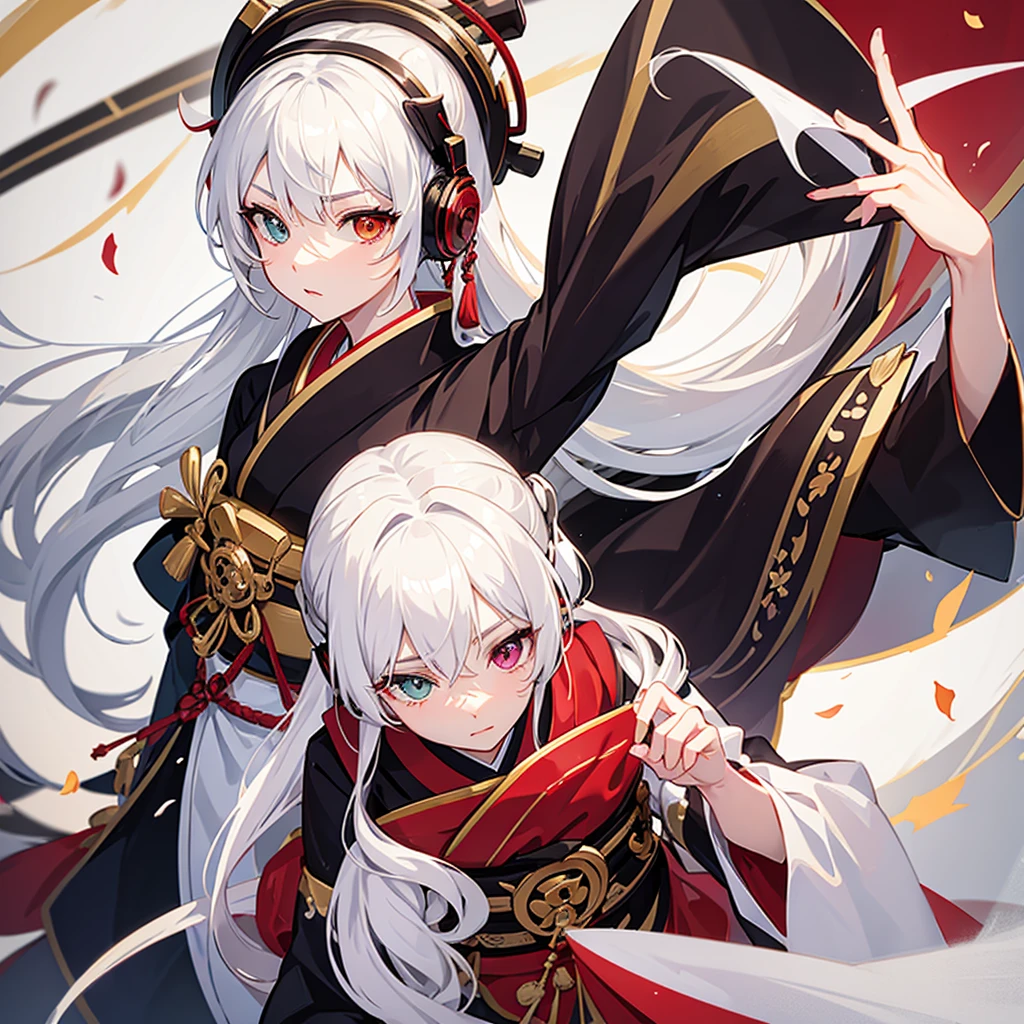 geisha with white hair color heterochromia and headphones playing a shamisen