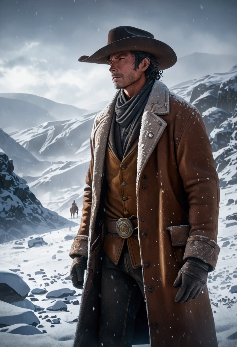 (Western Cowboy with hat), in Flickering Frost, frozen in time, captured by the raw, untamed, and unyielding force of a cold, icy blizzard, full body, award-winning, cinematic still, emotional, vignette, dynamic, vivid, (masterpiece, best quality, Professional, perfect composition, very aesthetic, absurdres, ultra-detailed, intricate details:1.3)