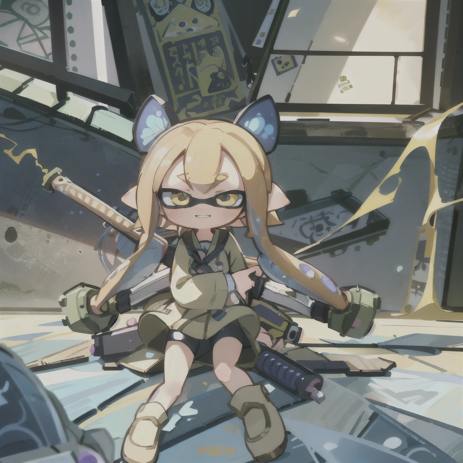 masterpiece、Highest quality、High resolution、Real Anime、3d、Anime painting、(Little:1.2),Splatoon Girl,Beautiful depiction、Are standing, sunlight, (work:1.2)、Golden Eyes、Cute eyes、Screaming、cute、blush、smile、Battoujutsu、Dynamic Angle、Open your legs、