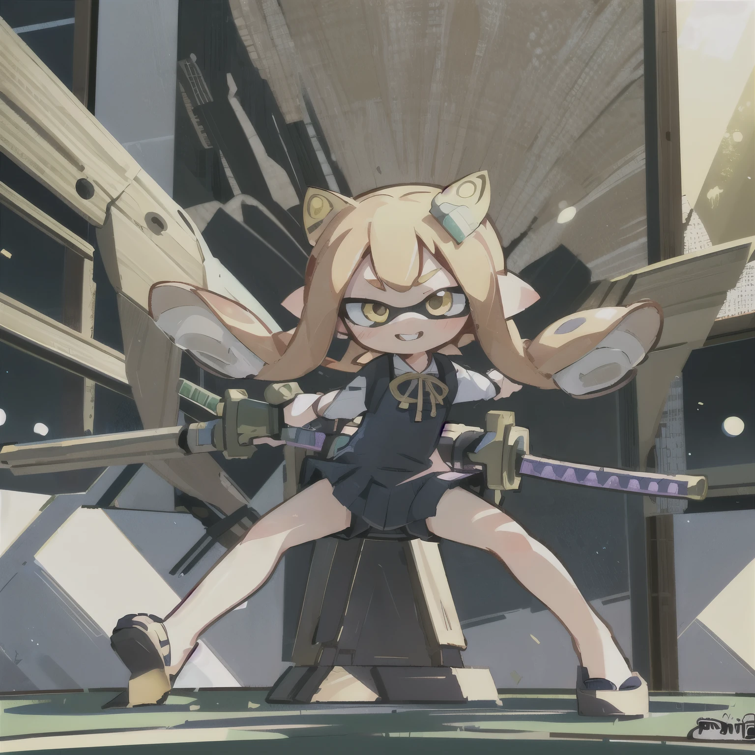 masterpiece、Highest quality、High resolution、Real Anime、3d、Anime painting、(Little:1.2),Splatoon Girl,Beautiful depiction、Are standing, sunlight, (work:1.2)、Golden Eyes、Cute eyes、Screaming、cute、blush、smile、Battoujutsu、Dynamic Angle、Open your legs、