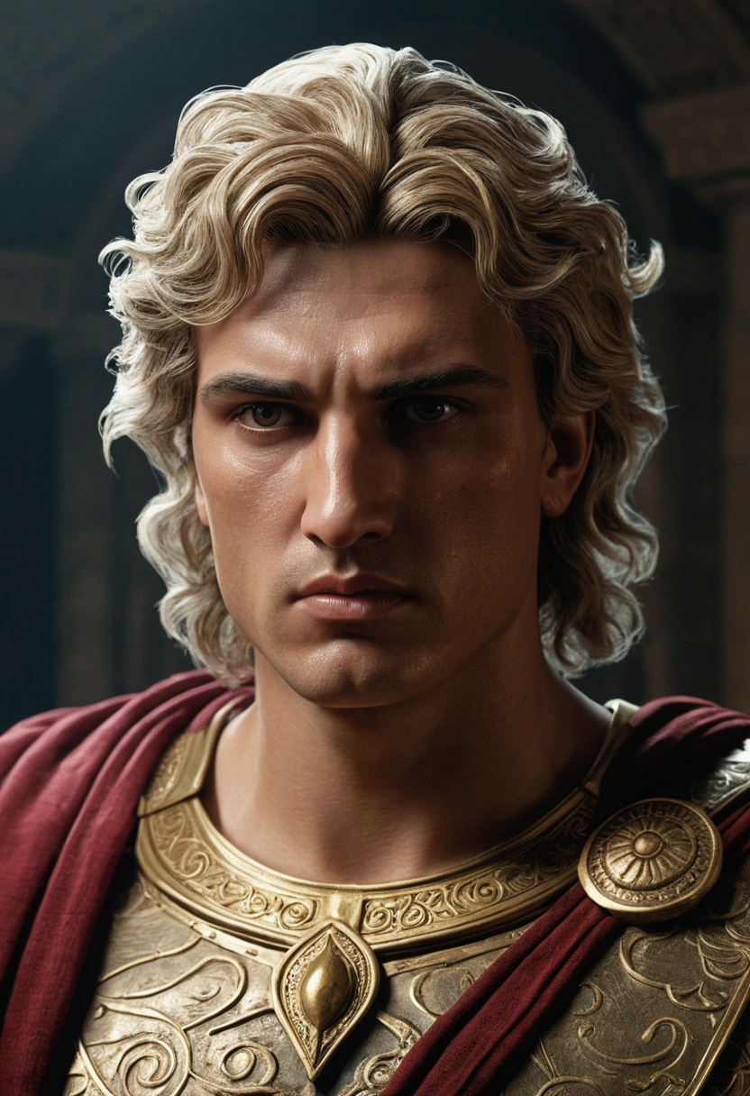 Character inspired by Alexander the Great, facing the front, focus on your face in seeking knowledge, tematica darck fantasy realista