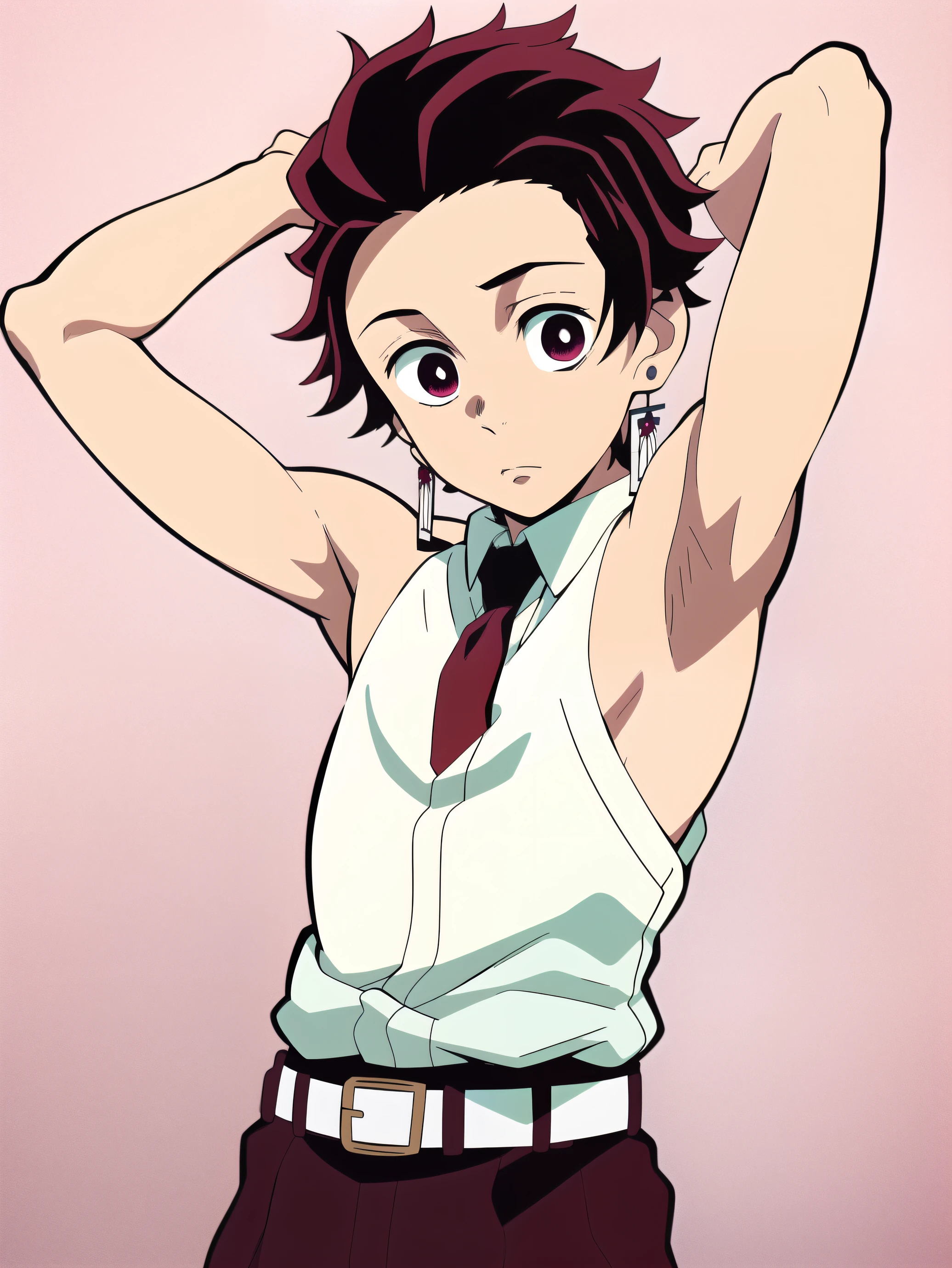 Highres, Masterpiece, Best quality at best,Best Quality,hight quality, hight detailed, Anime style, 1boy, Shota, young boy, Solo person, Kamado_tanjirou, red hair, earring, Sleeveless uniform, Tie, belt, school, Seen from the front, look at viewer, upper body, (very young boy), (Very small and short body), s, (Showing armpit:1.3), The armpits of a 12 year old boy, Adorable little armpits, Give me a proportional picture of a 12 year old boy's armpits, Uhd, Bokeh
