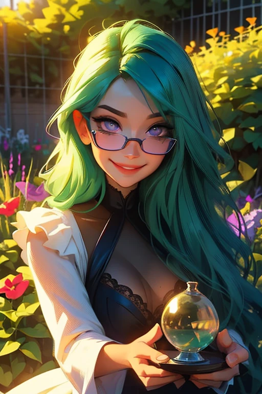 Perfect faces. Perfect hands. A green haired woman with violet eyes and an hourglass figure and glasses is smiling in the garden in the early morning light