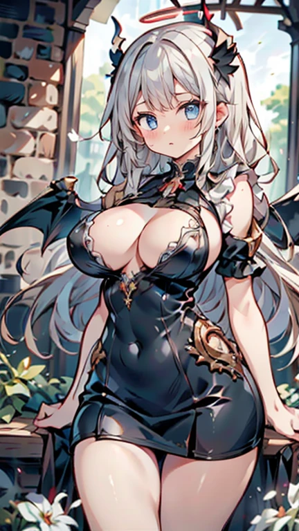 Anime Kawaii sexy Perfect Slim sensual body large breast and huge thighs, An intricate and highly detailed illustration of アニメ (Young girl). work of art, high qualiy, 4K, HDR, ancient castle, a one woman, marble texture, brick texture, feather texture, grumpy, looking ahead at viewer, gaping mouth, long hair, Blunt cut, Blunt bangs, silver hair, Red hair, two tone hair, Eyes red, anomalous eyes, blue colored eyes, jitome, pale skin, skin fair, toned body, voluptuous, curved, beauty brand, chifres vermelhos e pretos Spitzs na cabeça, a black halo above the head, with devil wings on his back, grown-up, dark fancy, fancy, comely, アニメ, Spitz, cowboy shot, facing the front, from front view, from low, low angle shot, moonlights, gothic fancy setting, medium breasts