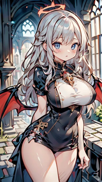 Anime Kawaii sexy Perfect Slim sensual body large breast and huge thighs, An intricate and highly detailed illustration of アニメ (Young girl). work of art, high qualiy, 4K, HDR, ancient castle, a one woman, marble texture, brick texture, feather texture, grumpy, looking ahead at viewer, gaping mouth, long hair, Blunt cut, Blunt bangs, silver hair, Red hair, two tone hair, Eyes red, anomalous eyes, blue colored eyes, jitome, pale skin, skin fair, toned body, voluptuous, curved, beauty brand, chifres vermelhos e pretos Spitzs na cabeça, a black halo above the head, with devil wings on his back, grown-up, dark fancy, fancy, comely, アニメ, Spitz, cowboy shot, facing the front, from front view, from low, low angle shot, moonlights, gothic fancy setting, medium breasts