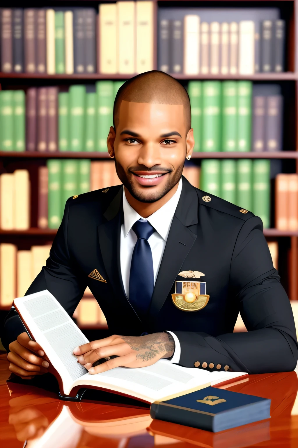 sdhawan studying at the library, indoors, black uniform, open book, studying, sitting, desk, necktie, school crest, smiling, (best quality), (masterpiece)
