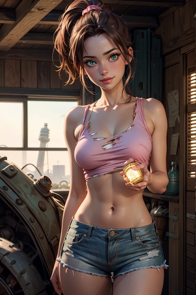 (Best quality:1.4),masterpiece,ultra detailed,fine features,soft skin,Realism,beautiful lighting,cowboy shot,1 girl,Brown hair, Ponytail,green eyes ,puppet, big , long hair,tanned skin, pink ripped top, torn shorts, wasteland, Laura Croft sultry look, seductive, Smirk, , inviting smile,