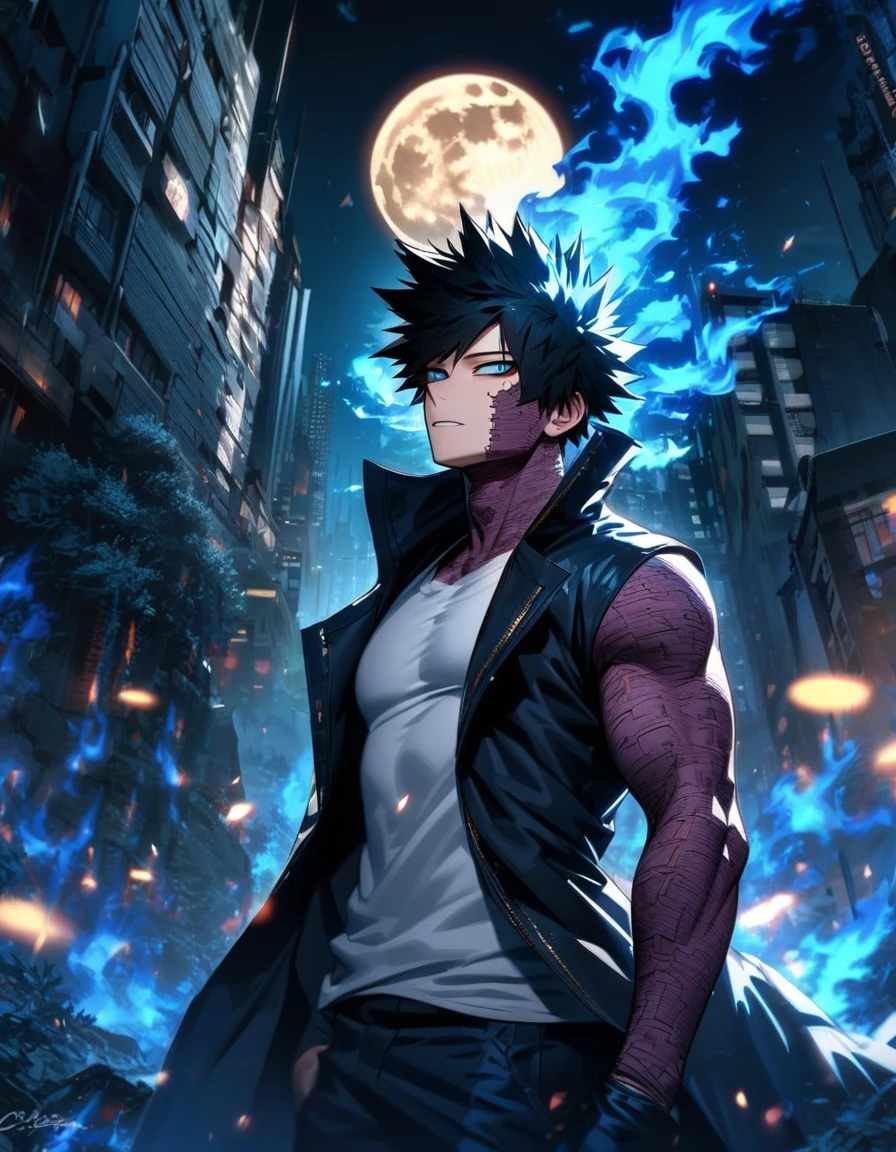 Ultra detailed, highres, absurdres, HDR, Dabi, black hair that spikes upward around his head, turquoise eyes, Boku No Hero Academia, blue forest, white tight T-shirt, 1 man only, blue flames, handsome, moon, black long coat,