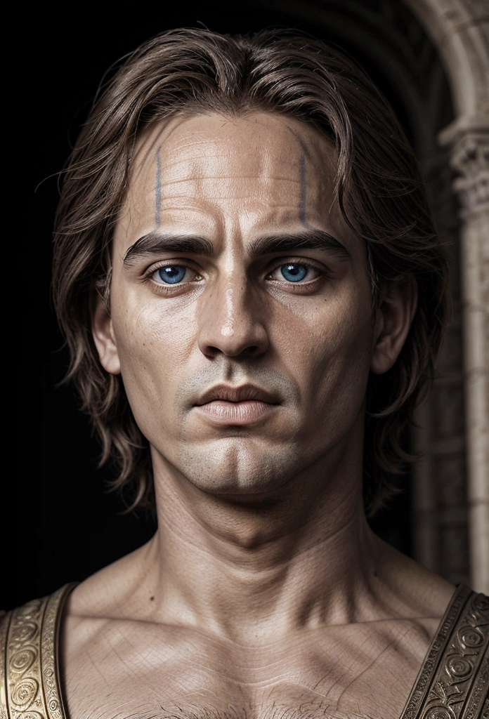 Character inspired by Alexander the Great, facing the front, focus on your face in seeking knowledge, tematica darck fantasy realista