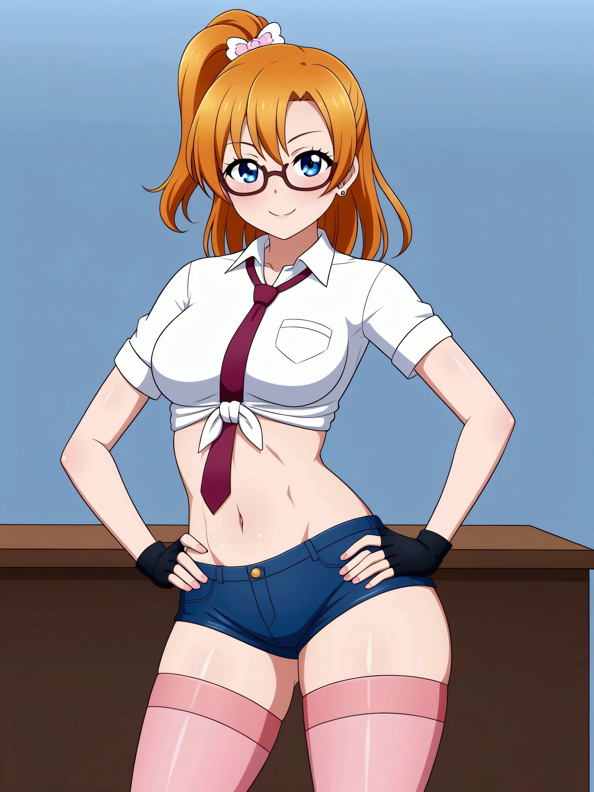 (Masterpiece, Best Quality, High Quality), professional artwork, well drawn, Intricate Details,solo,
Kousaka honoka, afternoon
, ultra detail hair, ultra detail face, perfect eyes,  earring,  Looking at Viewer, wizard girl, form fitting shirt, latex shorts,pink pantyhose, glasses on forehead,fingerless gloves, thighs gap, orange hair , standing , sexy , blue eyes ,hand on hip ,high waisted shorts  