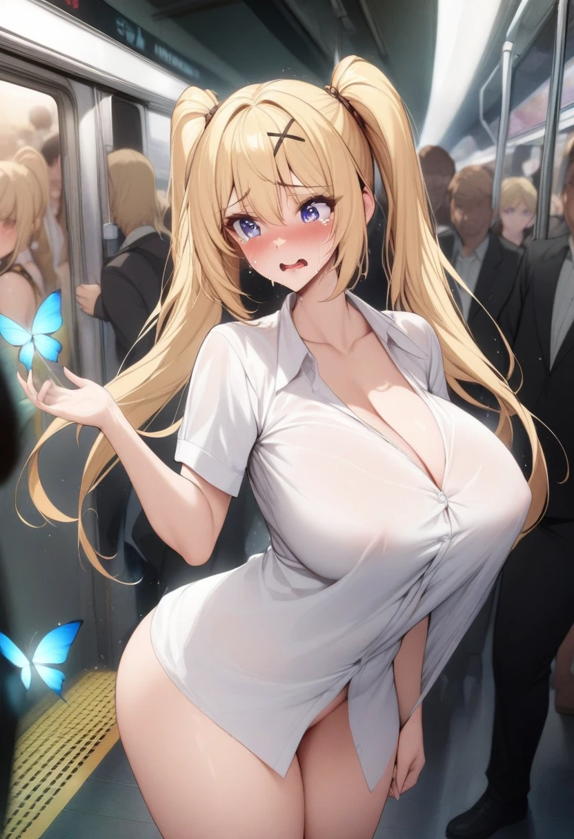 masterpiece, best quality, very aesthetic, absurdres, 1girl, embarrassed,tears_in_eyes, mature_lady,huge_tit, naked_shirt,in subway,In the crowd,marie_rose(dead_or_alive), dead_or_alive_5, 1girl, long_hair, twintails, blonde_hair, x_hair_ornament, ,luminous butterflies, fluttering butterflies,