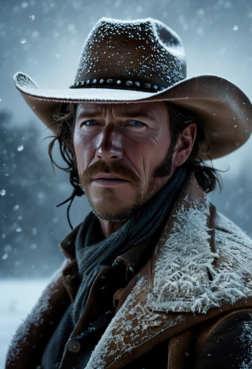 (Western Cowboy with hat), night, in Flickering Frost, frozen in time, captured by the raw, untamed, and unyielding force of a cold, icy blizzard, full body, award-winning, cinematic still, emotional, vignette, dynamic, vivid, (masterpiece, best quality, Professional, perfect composition, very aesthetic, absurdres, ultra-detailed, intricate details:1.3)