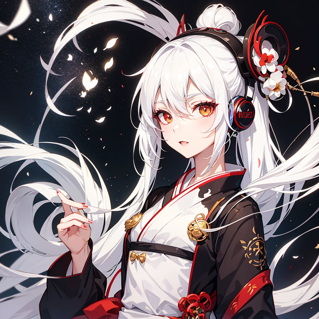 geisha with white hair color heterochromia and headphones playing a musical instrument