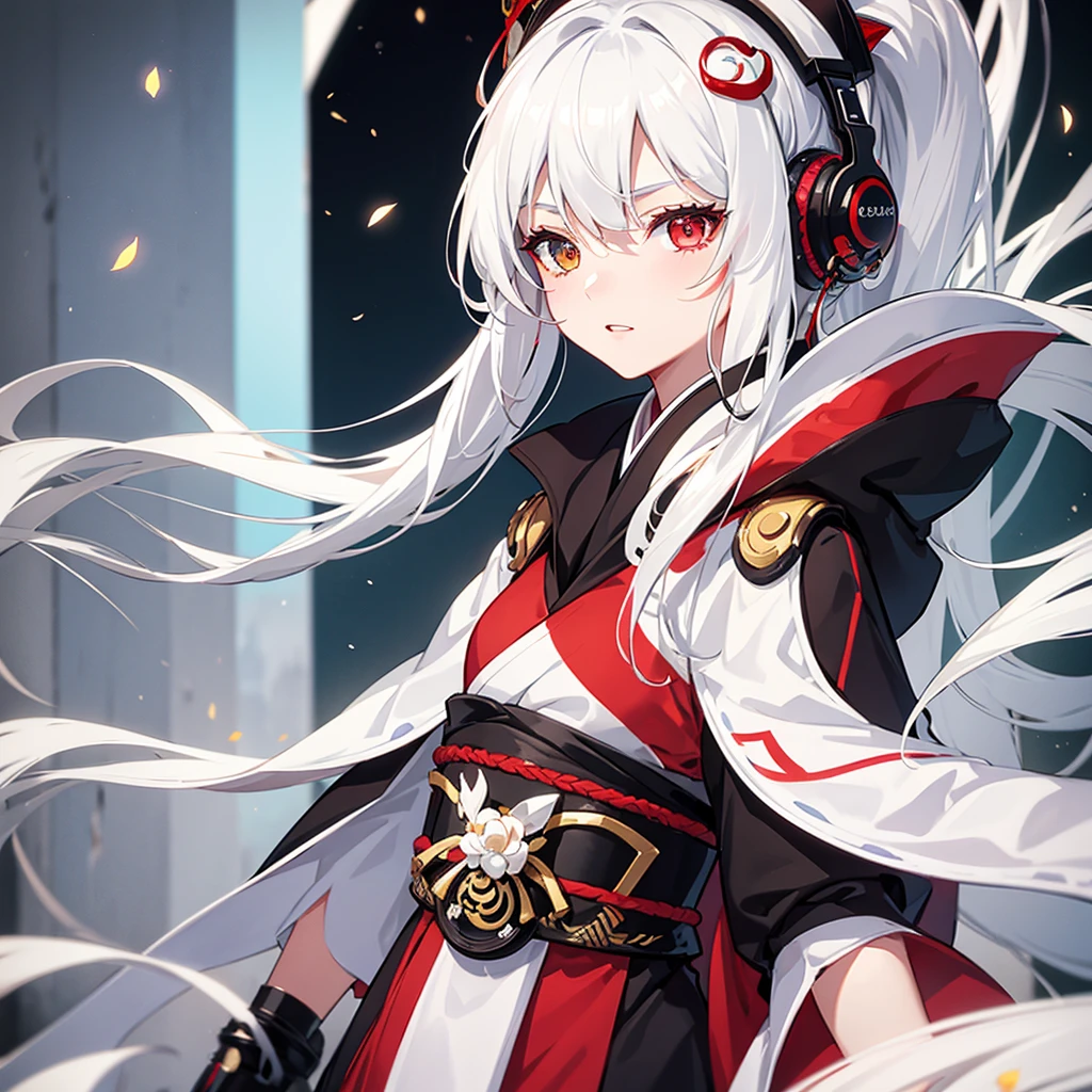 geisha with white hair color heterochromia and headphones playing a musical instrument