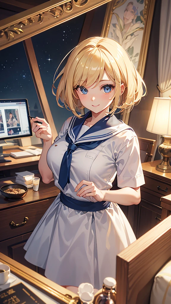 {{masterpiece, Highest quality, Highly detailed CG, Unified 8k wallpaper, Cinema Lighting, }}, Sony α7, Wide Frame, South Pacific, During the war with the Asian powers, Aegis Ship Wind, 1 girl, whole body, Smile, She iS a U.S. navy sailor, White, 20-year-old, Smile, blonde, Short Bob, blue eyes , Long eyelashes ,
