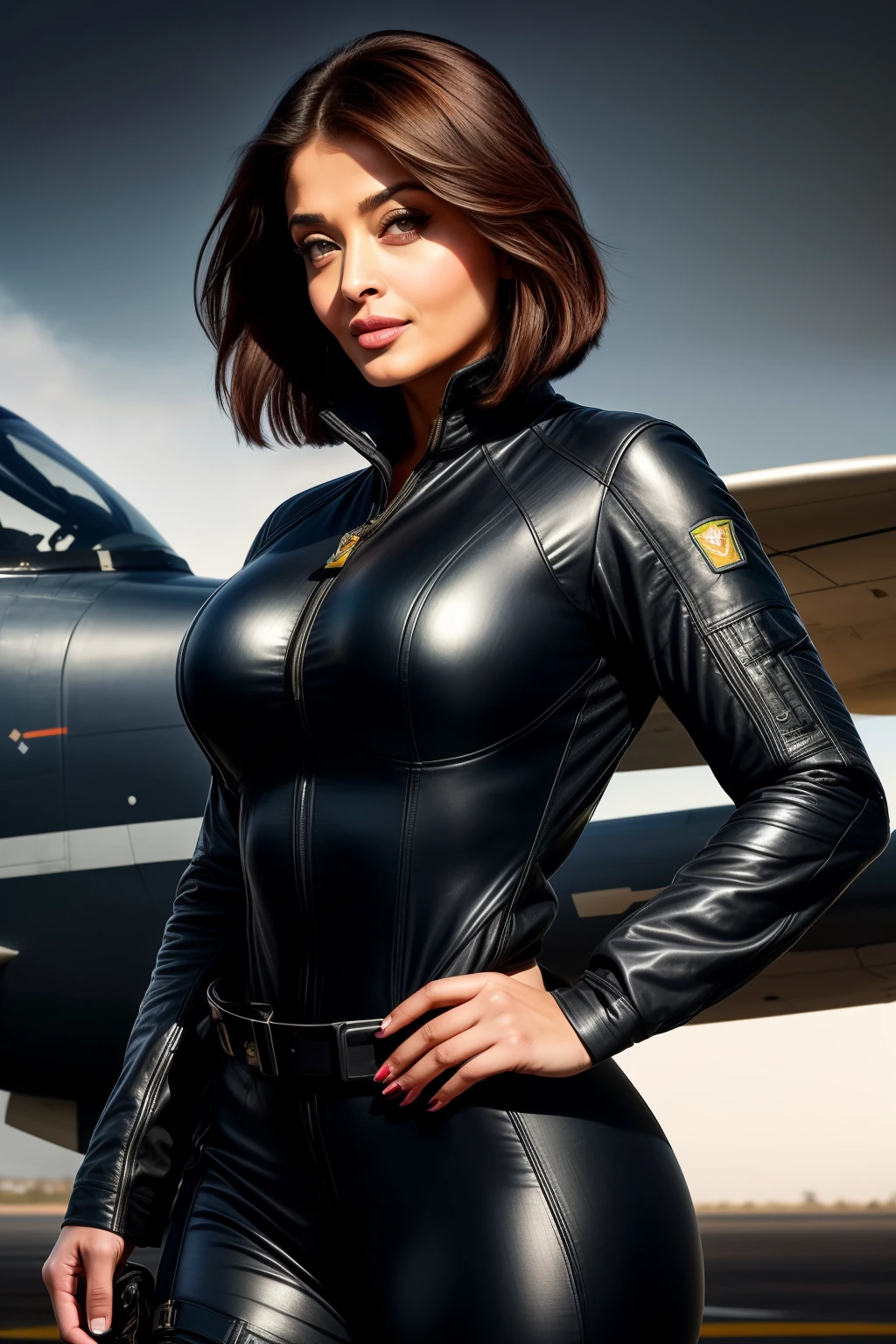 Aishwarya rai as fighter pilot, tight airforce dull black pilot full uniform, cleavage show, knee high boots, seductive pose in airstrip, bright day scene, milf athletic curvaceous hourglass figure, look at camera and smile, ((bob cut blowing hair)), sexy 50 yo MILF, soft volumetric lights, intricate details, (ArtStation:1.2)