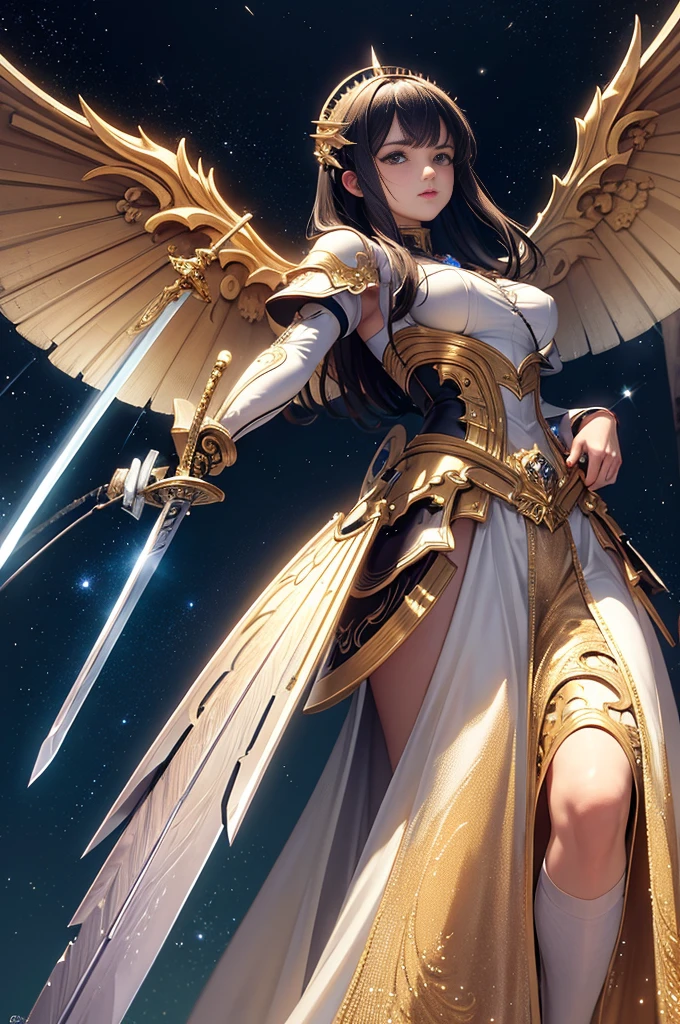 (masterpiece, best quality:1.3),Very detailed, complex, 8K, HDR, wallpaper, light, (universe),(Holding a sword:1.3), Luminescence, Luminescence eyes, Mecha, Big Wings,    