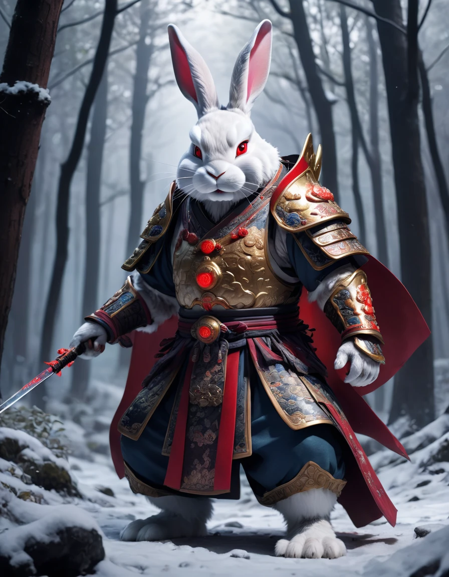 XCYP,The beast of Chinese mythology, the mighty and strong anthropomorphic rabbit king dressed in gorgeous hanfu and armor, gluttonous heavy armor and red cloak, with a glowing red magic array behind him, standing in the dark forest with weapons in hand, snow, rich in detail, realistic, rich in detail, 32K UHD, super high resolution, best quality, masterpiece,