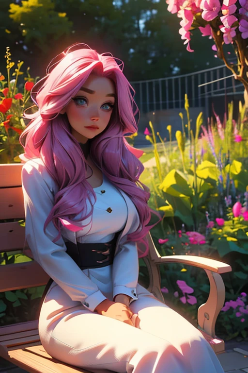 Perfect faces. Perfect hands. A pink haired woman with violet eyes and an hourglass figure is sitting on a bench in the garden in the early morning light