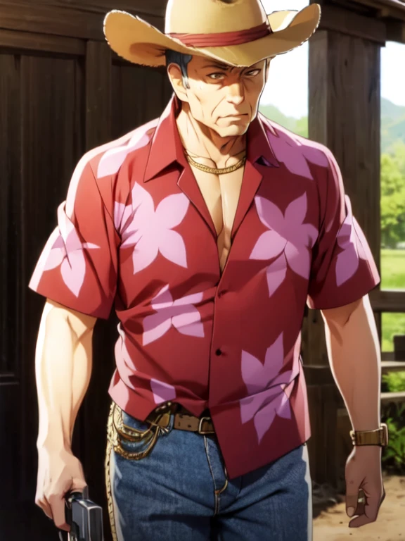 (Ultra-high resolution), (masterpiece), (Attention to detail), (high quality), (最high quality), One Man, (Cowboy Shot), (Teppei Hojo), Middle-aged men, elder, Blonde, (Iris), Chin, Gold Necklace, (Western Cowboy), straw hat, (🌺Patterned shirt), (Best), (Double Holster), leather gauntlet, Showdown scene in the wilderness, Cowboy standing in the dust, The moment he was about to pull out his gun, Dust in the wind