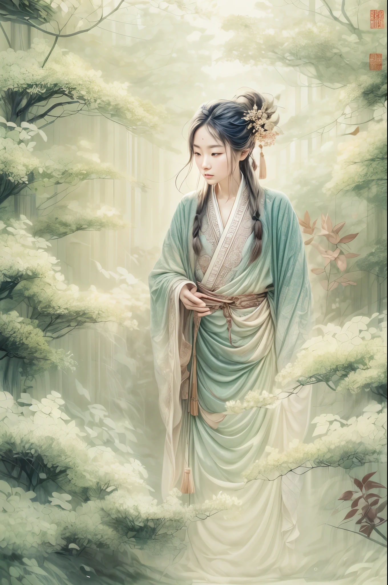 /I A three-dimensional character wearinghanfu,minimalism and abstract illustration, chinese ink painting style, chinese xuan paper texture, light penetrate the air, Fractals effect, Phosphore scence effect